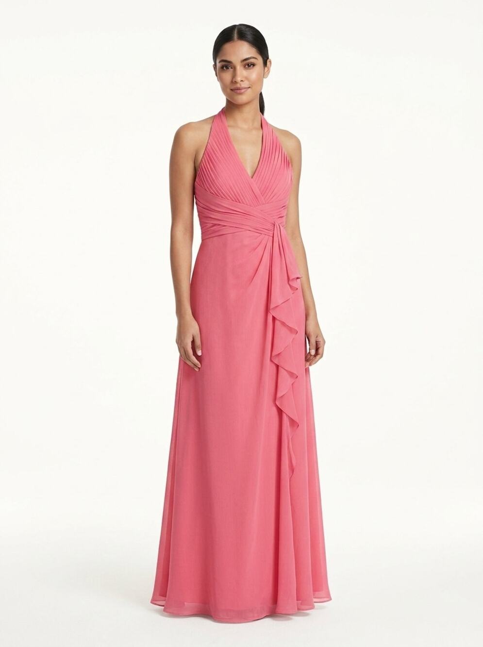 David's Bridal Pink Halter Chiffon Ruffle Ruched Gown Dress Women Size 6
